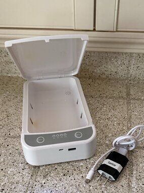 White UV-C light phone sanitizer box with USB power cord